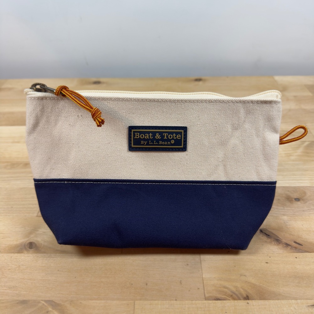 LL Bean Boat and Tote Canvas Zip Pouch Navy Blue Cream Made in USA Travel Bag